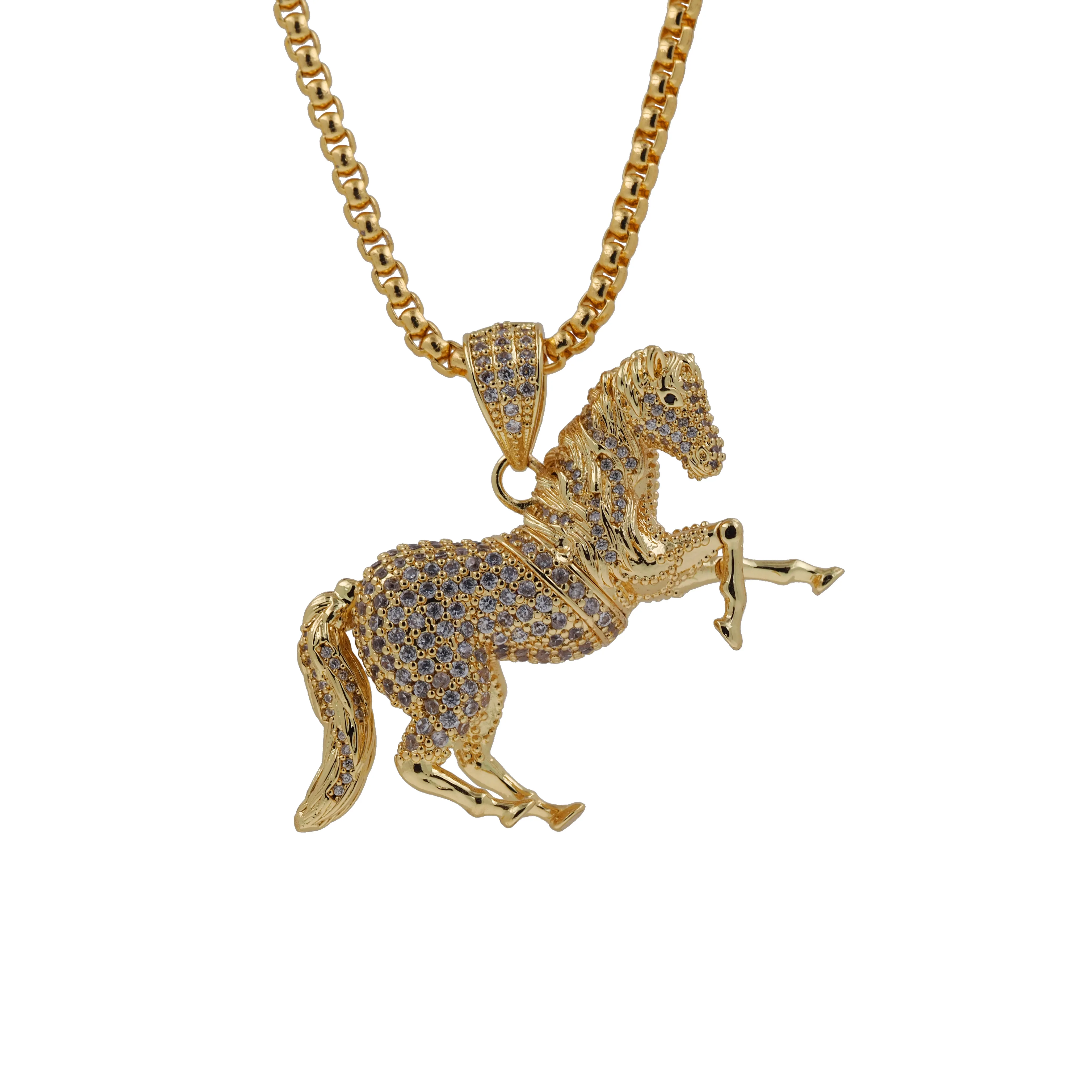 Women Hip Hop Iced Out Galloping Horse Pendant Necklace Animal Lover Birthday Gift Fashion Dainty Jewelry