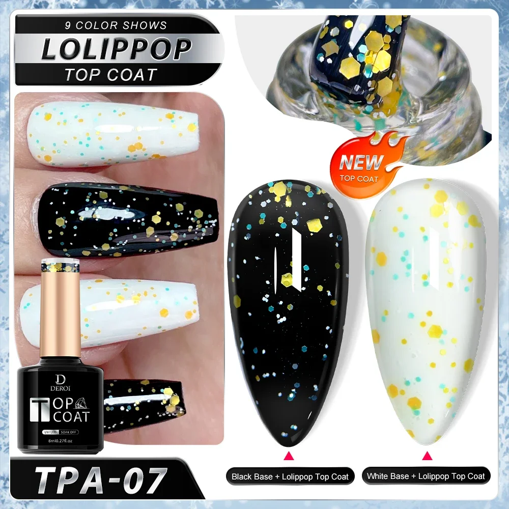 DEROI 8ml Top Coat Gel Polish Geen Veeg Top Coat Vonken Glitter Vernis Nagellak Flash Topcoat Losweken voor manicure