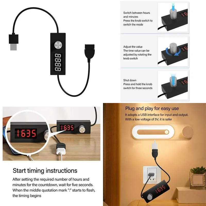 Lightweight USB Timer Switching Cord Wire for Scheduled Power Off Ranging From 5 Minutes to 24 Hours 55 Minutes Black