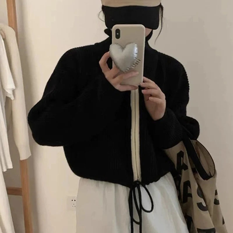 New Stand-Up Collar Patchwork Knitted Cardigan Women Double Zippers Drawstring Design Coat Harajuku Vintage Streetwear Cardigan