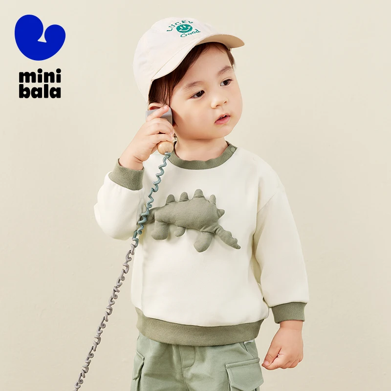 Mini Bala Boys' Sweatshirt 2024 Autumn Top with Long Sleeves Warm Fashionable Simple and Versatile Dinosaur Sweatshirt