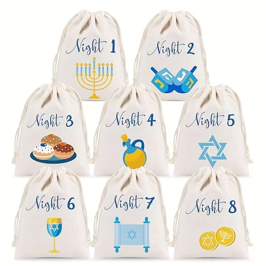 8 Pcs Hanukkah Burlap Gift Bags, Countdown Drawstring Gift Bags, Ornament Party Supplies, Holiday Party Favors Hanukkah Presents