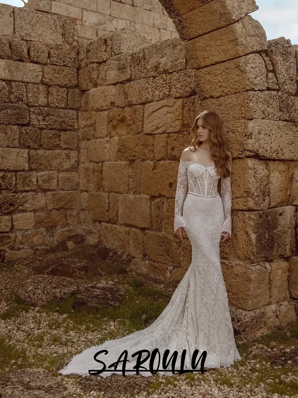 

Romantic Off-the-Shoulder Lace Mermaid Wedding Dress With Long Sleeves, Sheer Corset Bodice and Train For Vintage Brides
