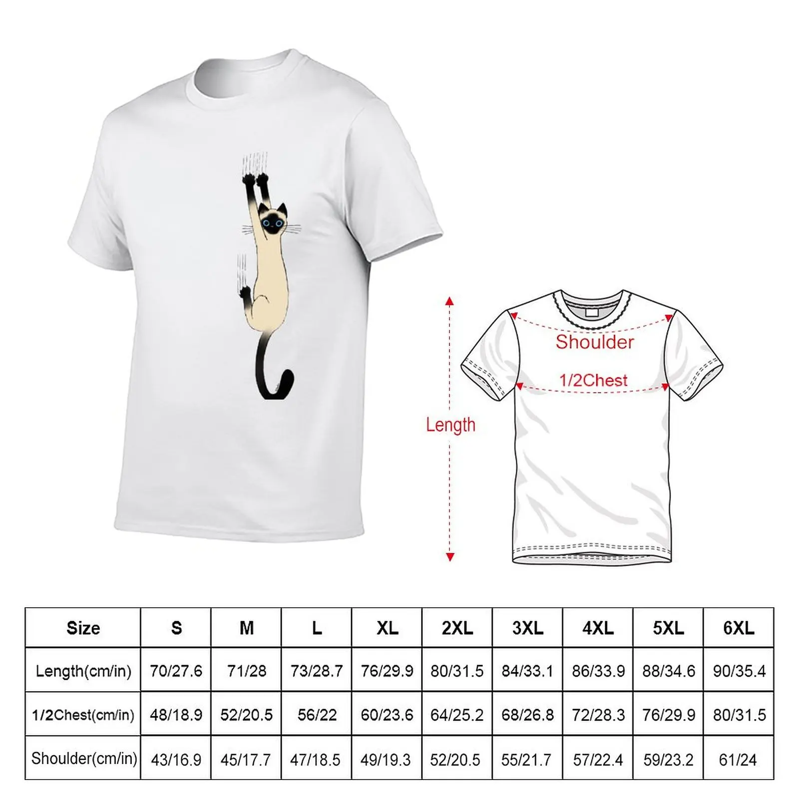 Siamese Cat Hanging On with Claws Funny Cat Holding On T-Shirt Simple Trendy Casual T-Shirt