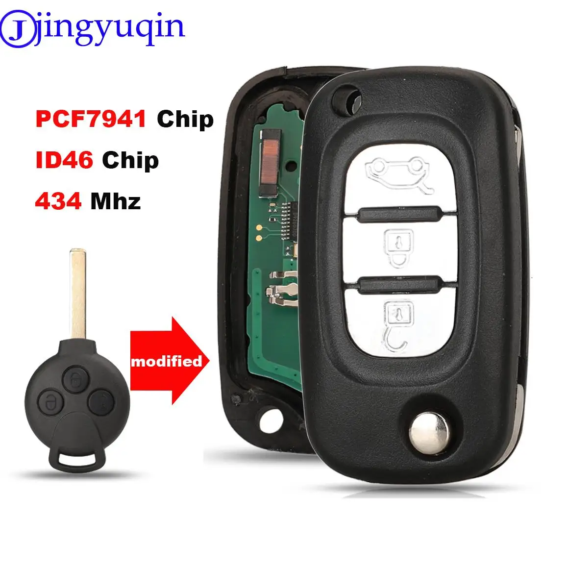 Jingyuqin-Clé télécommande à 3 boutons pour voiture, transpondeur ID46/PCF7941, 451 MHz, pour Mercedes-Benz Smart Fortwo 434