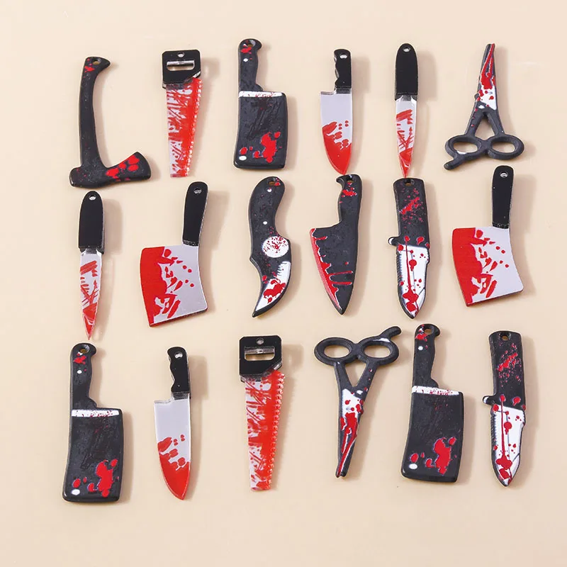 5pcs Resin Halloween Imitation Bloody Knife Charms Dagger Scissors Axe Saw Pendants For Earring Bracelet Necklace DIY Jewelry