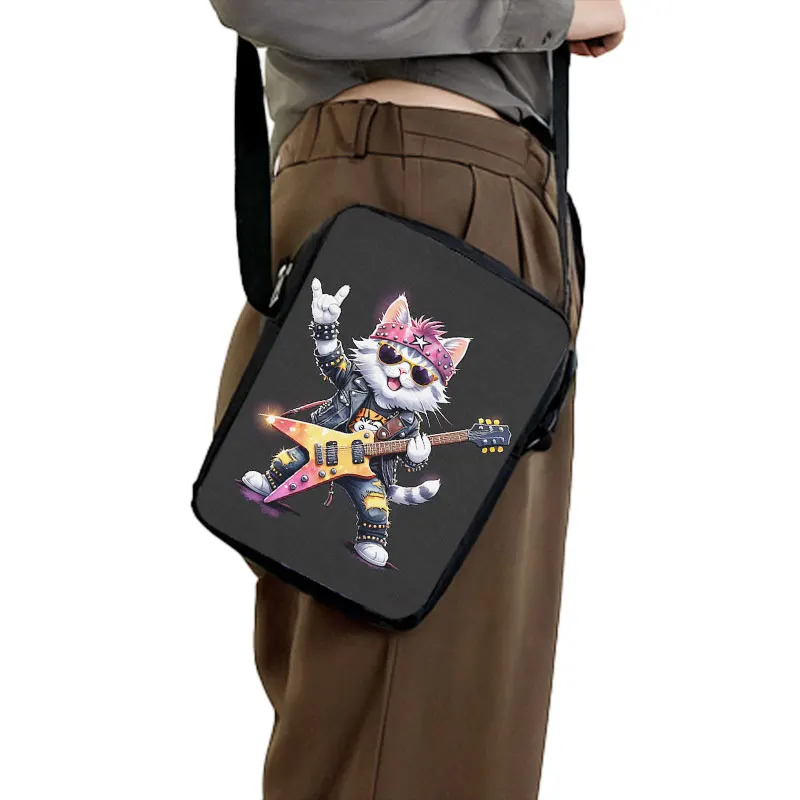 Rock Cat Pattern Crossbody Bag Cool Cat Playing The Guitar and Drum Women Handbag Key Money Phone Holder Messager Shoulder Bag