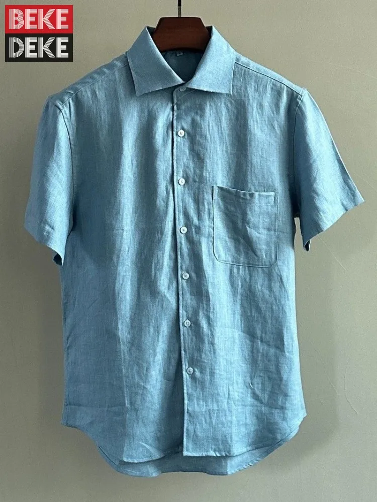 

Mens Summer Linen Shirt Solid Color Comfortable Short Sleeve Single Breasted Business Casual Tops Breathable Male Work Shirts