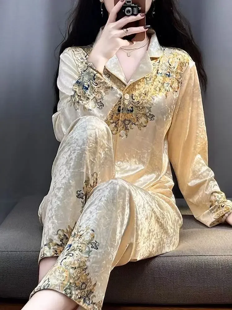 Floral Golden Velvet Pajama Sets Women Long Sleeve Cardigan Pants Sleepwear Homewear Luxury Vintage Nightwear Two-piece Set