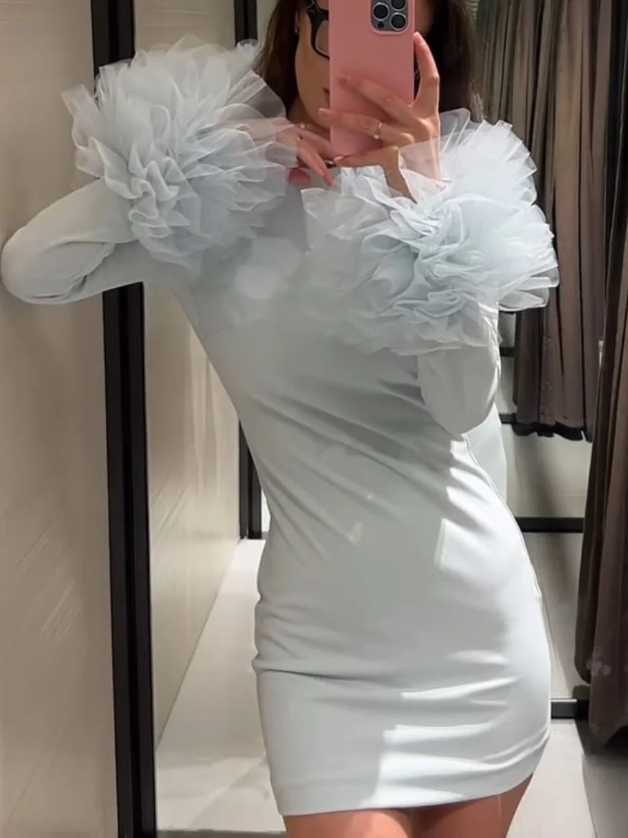 Summer New Fashion Women Slim Dresses Sky Blue O-Neck Long Sleeves Backless Decoration Button Female Sexy Party Dress