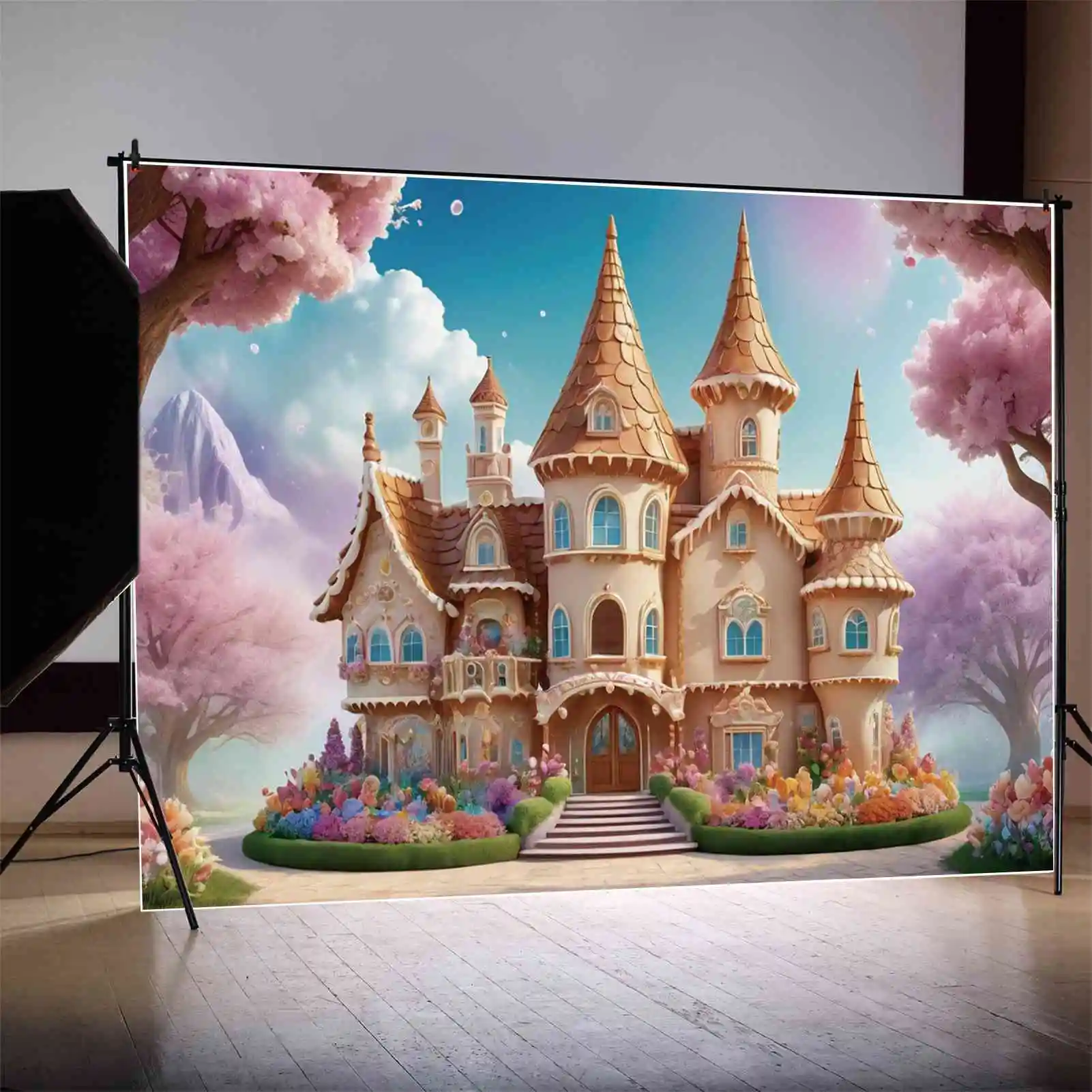 MOON.QG-Fondo de cumpleaños de Castillo de hadas para niñas, Princesa de montaña, Floral, jardín de flores, accesorios de fiesta personalizados