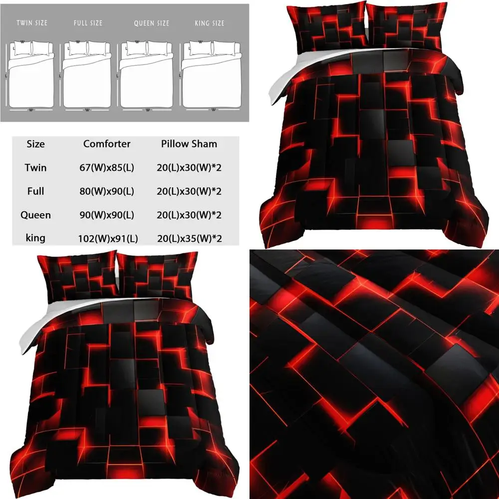 

Red and Black Geometric Full-Size Comforter Set for Boys, 3-Piece Bedding with Pillowcases for Gamer-Themed Rooms