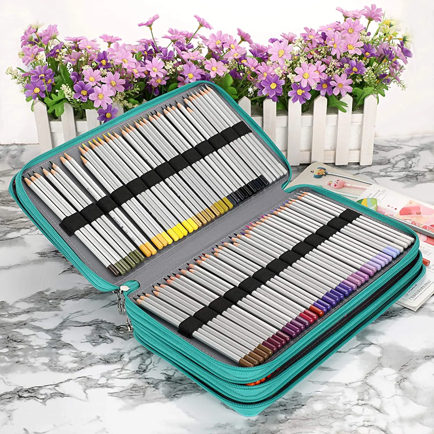 300 Slots Colored Pencil Organizer - Deluxe PU Leather Pencil Case Holder with Handle Strap Pencil Box Large for Colored Pencils