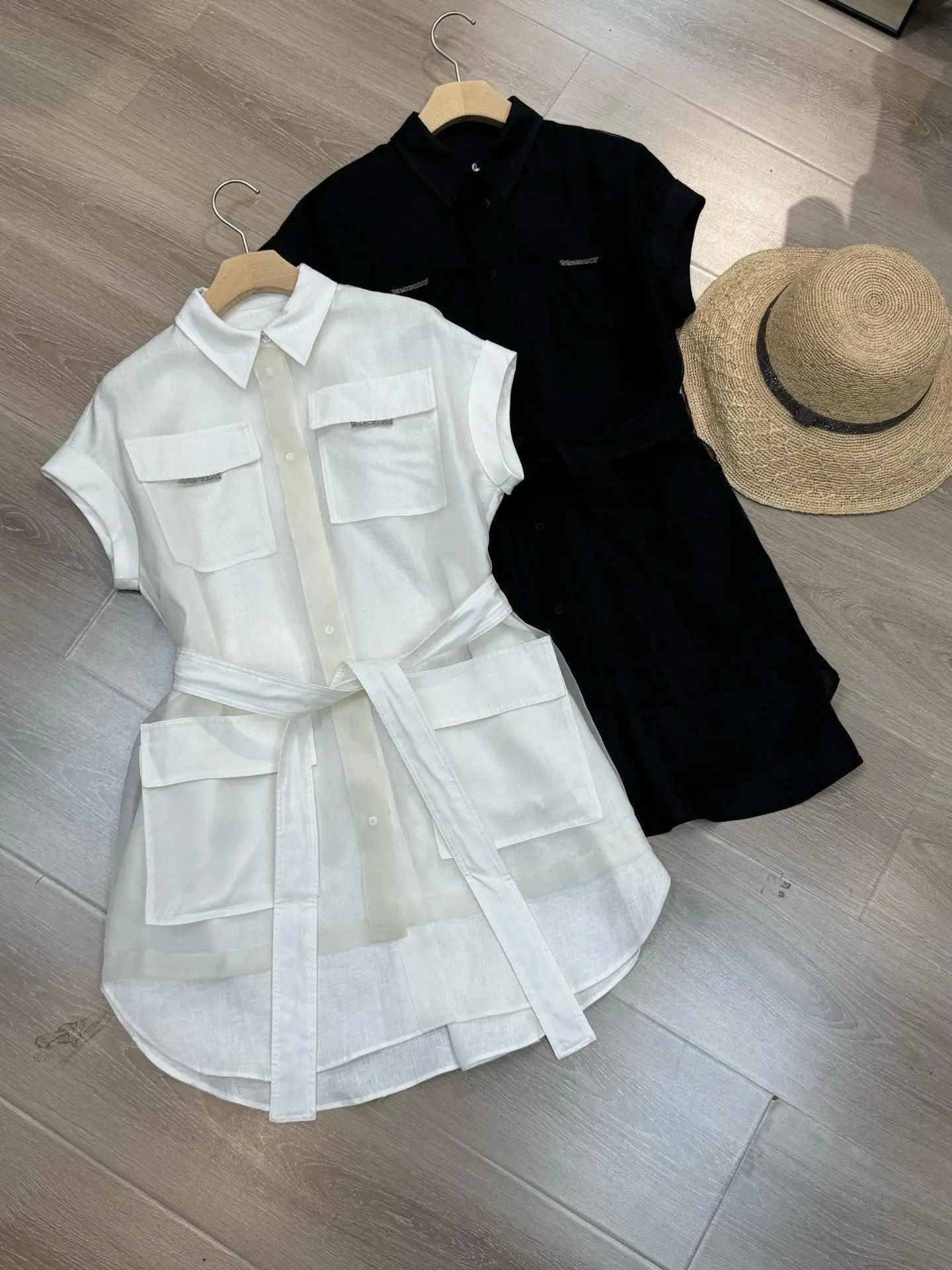 

Spring and summer women's collar shirt skirt linen double-layer temperament waist cinching dress