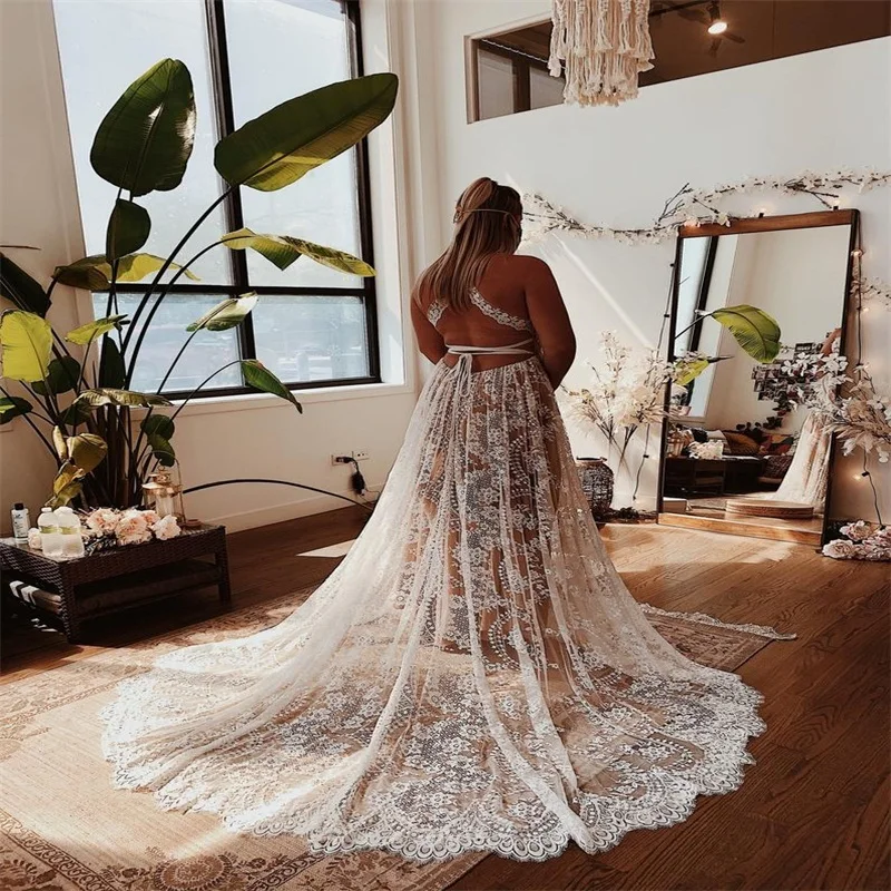 Plus size a linha vestidos de casamento boho sem mangas completo apliques lce bridl vestidos boêmio tribunal vestido personalizado mde vestido de