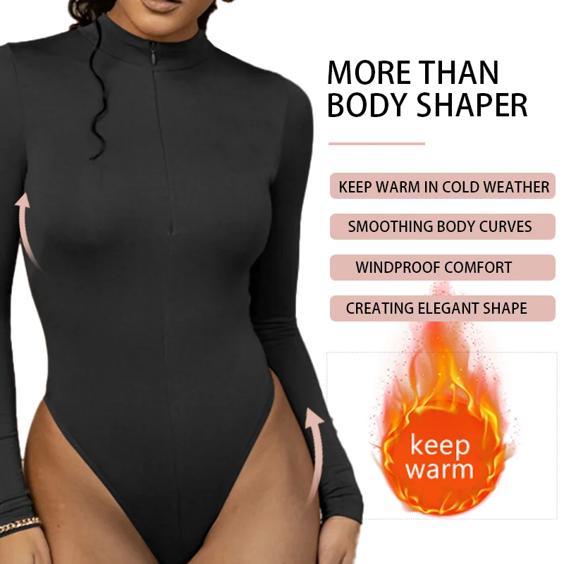 Women Mock Neck Thermal Underwear Compression Long Sleeve Shapewear Sexy Deep V  Shaper Slimming Zipper Jumpsuit Warmth Basic