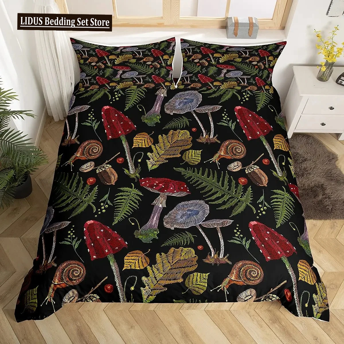 Mushroom Duvet Cover Set Burgundy Plant Fallen Leaves Bedding Set 2/3pcs For Boys Snail Print King Size Soft Comforter Cover