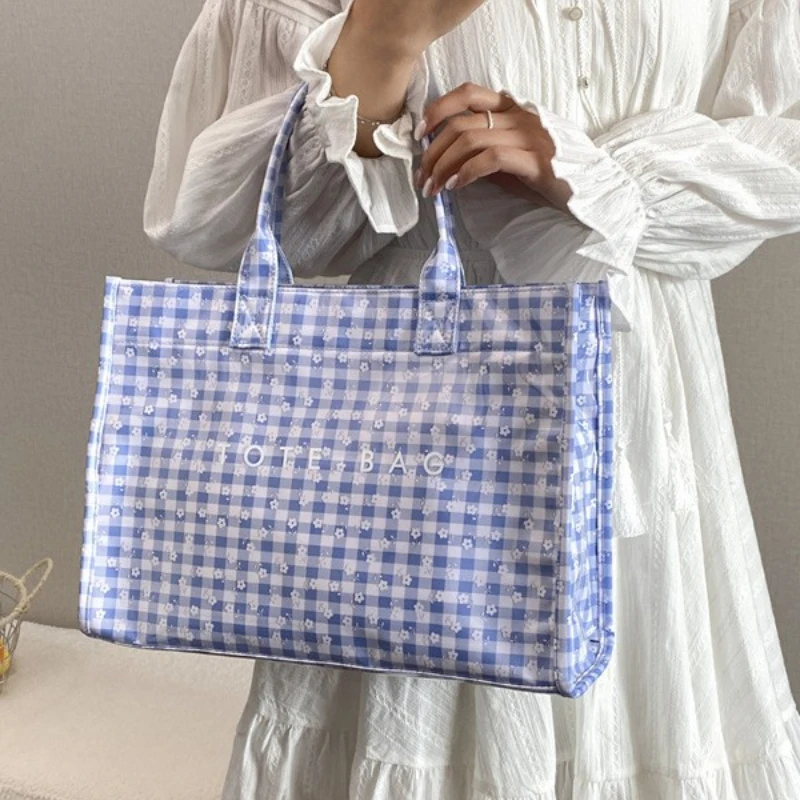 Check Letter Print Tote Bag Retro Floral Pattern Designer Handbag Women's Magnetic Snap Large-capacity Waterproof Shopping Bag