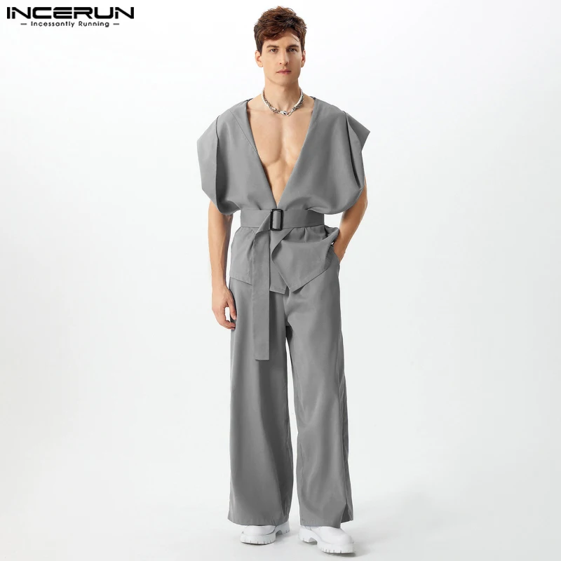 Fashion Sexy Style Sets INCERUN Handsome New Men\'s Hooded Silhouette Belt Vest Wide Leg Pant Casual Clubwear Male Two-piece Sets