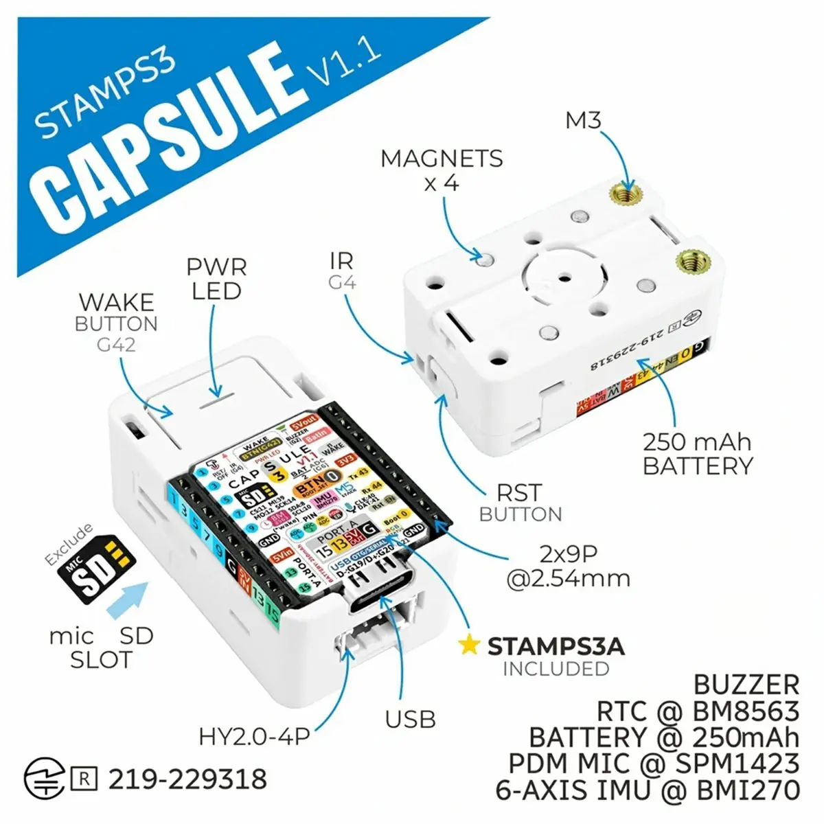 Capsule V1.1 Embedded IoT Development Board, Upgrade of Capsule, Stamp-S3A Main Controller BMI270 IMU SPM1423 Mic