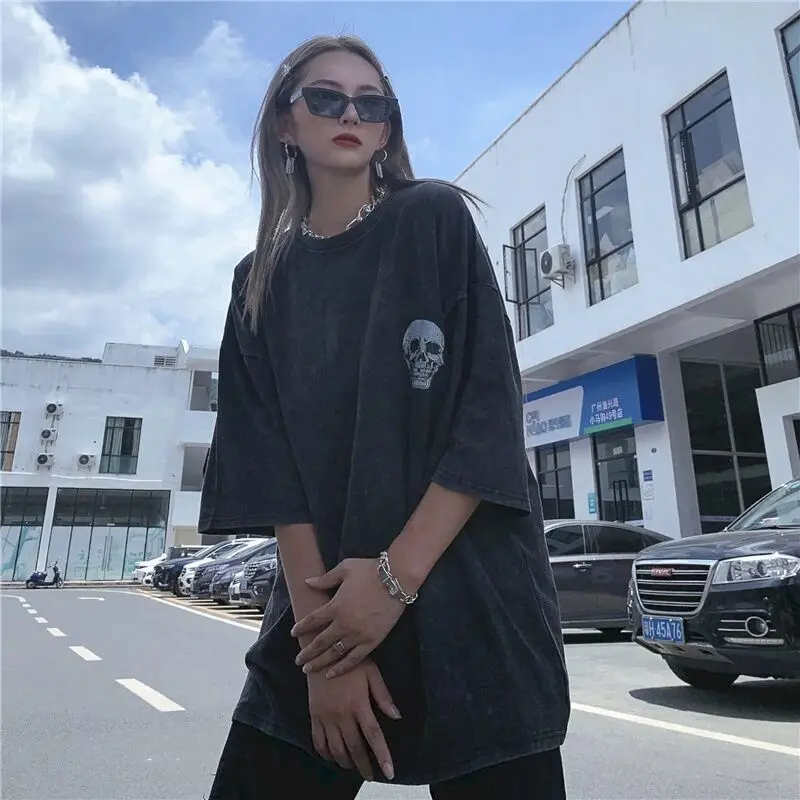 Dark-themed Oversized T-shirts for Women Men Skull Print High-street Half-sleeve Design Tshirt Loose Short-sleeve Tops Ins Trend
