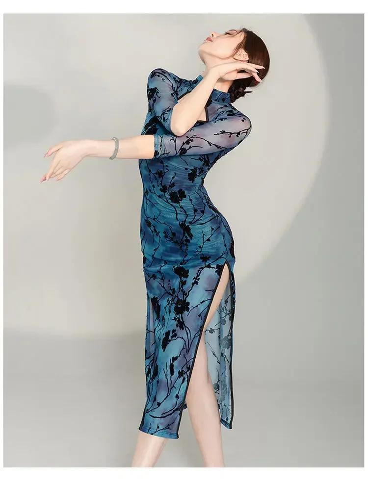 

Chinese Traditional Cheongsam Classical Dance Dress Sexy Slim Split Perspective Qipao Folk Fairy Dance Clothes Women Vestidos