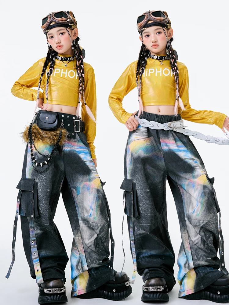 2025 Children Hip Hop Dance Costumes For Girls Yellow Crop Tops Loose Pants Outfits Modern Jazz Performance Clothing DQS21038