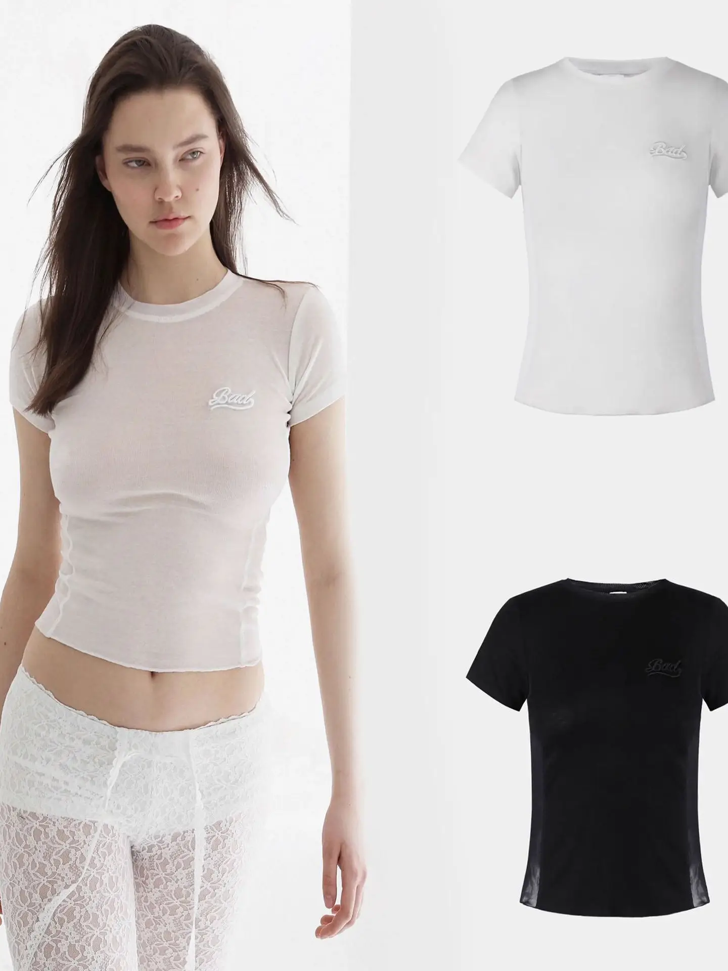 

American Sle Color ort Sve T-irt ort Thin round Ne Top Embroidery See tough Summer Cotton Blend Women's ...