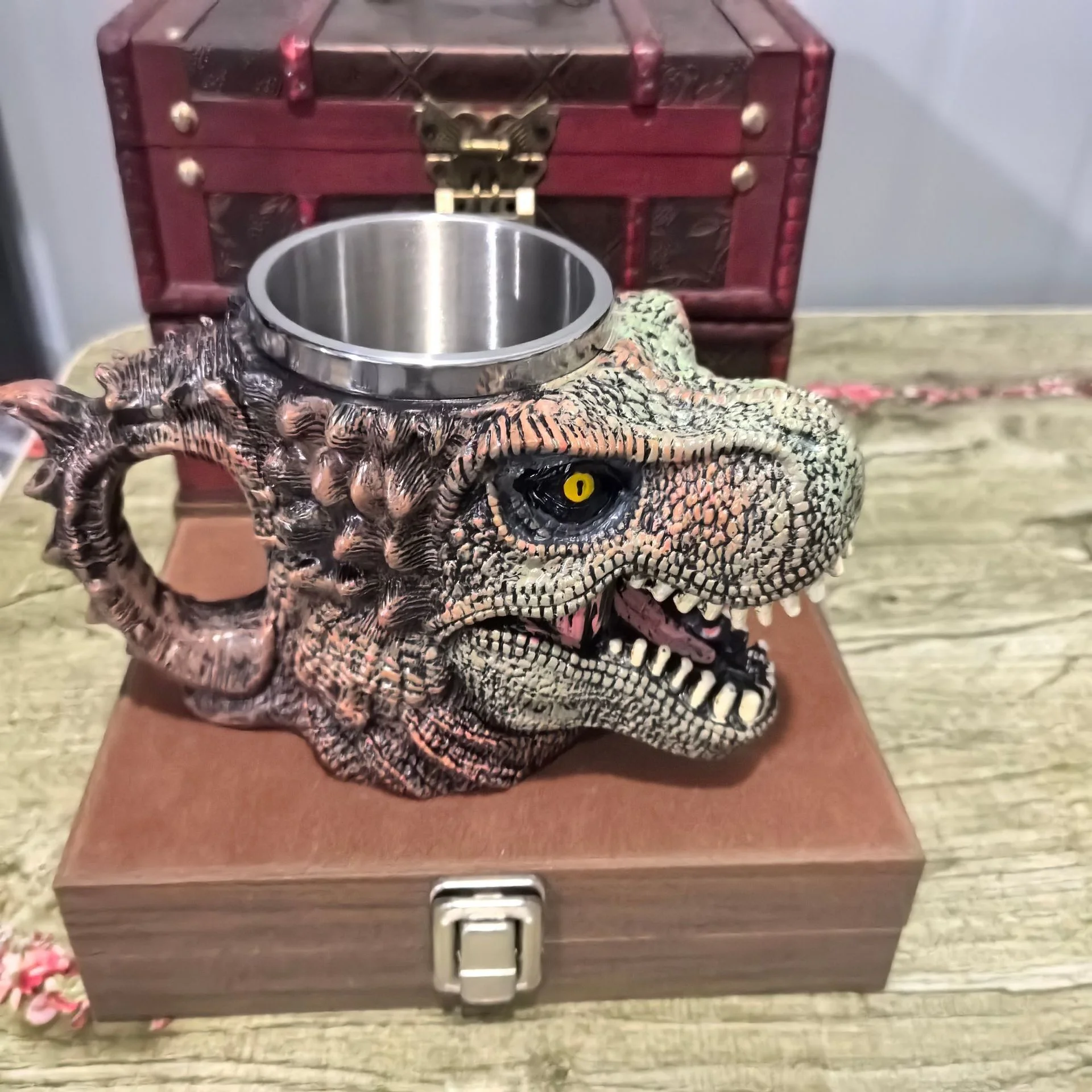 الإبداعية ديناصور القدح ثلاثية الأبعاد الديناصور ريكس الراتنج كوب مع بطانة من الفولاذ المقاوم للصدأ الجدة الجوراسي المنزل المطبخ زخارف للحانات