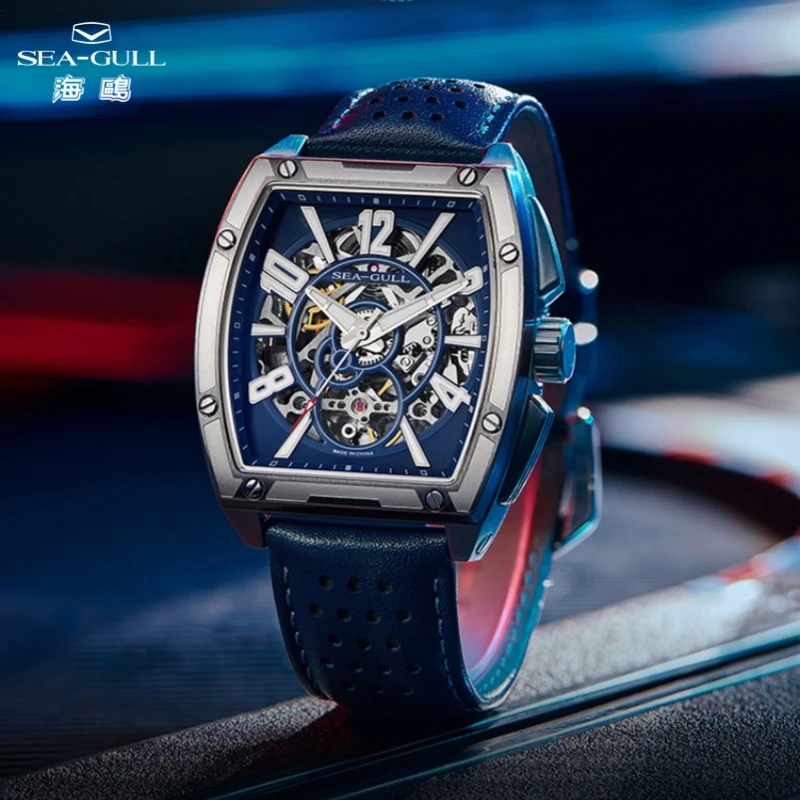 Seagull Men's Watches 42mm Automatic Watch Fully Skeleton Luminous Mechanical Clock Sapphire Luxury Wristwatch Tonneau Case 6138