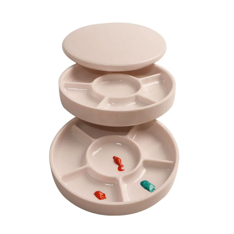 Round Plastic Palette with Lid Faux Ceramic White Acrylic Empty Watercolor Paintings Portable Color Mixing Palette Paint Tray