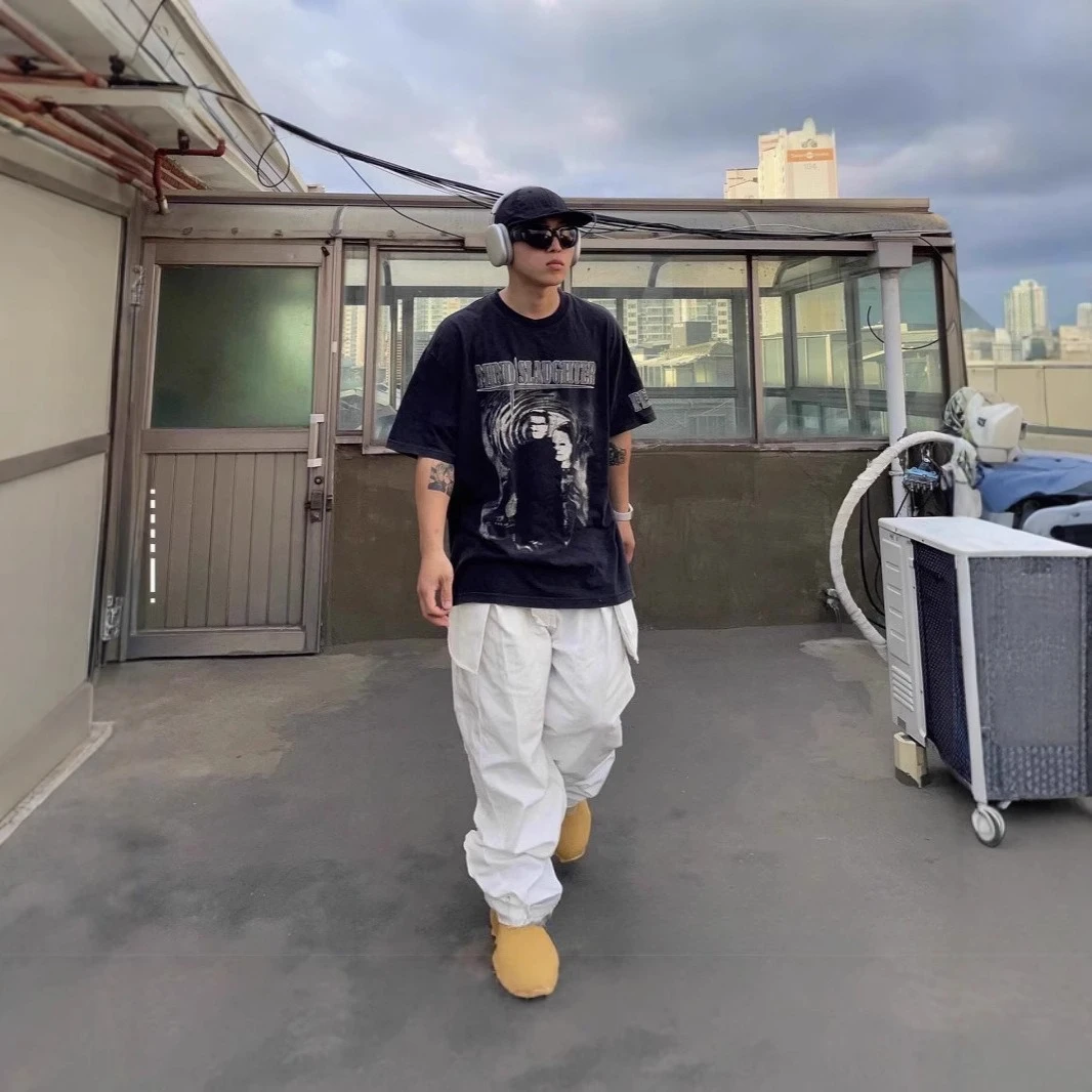 GRAILZ Vintage Washed Letter Character Soul Portrait High-Street American-Style Versatile Hip-Hop Short-Sleeve T-Shirt