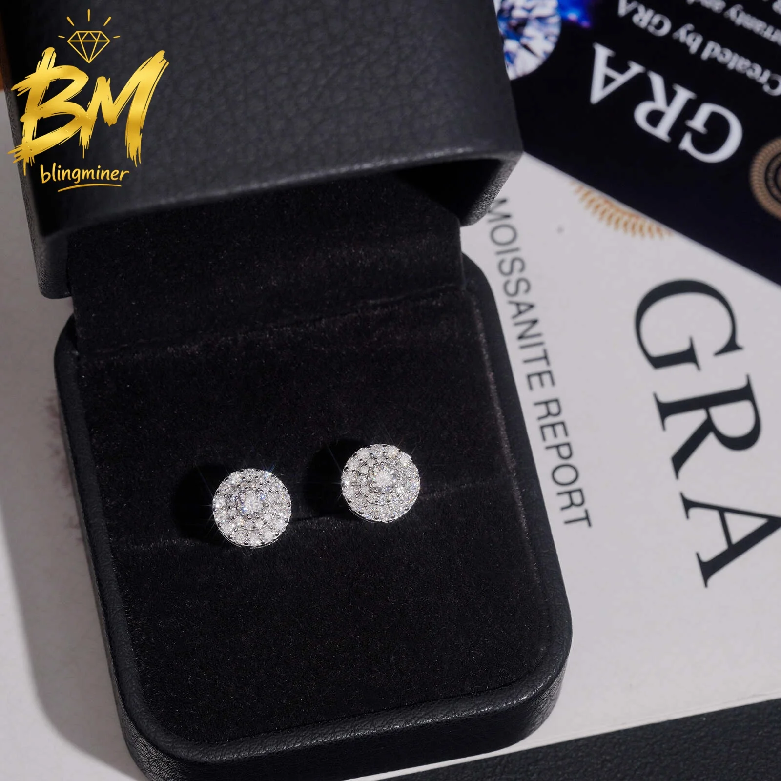 Blingminer Fine Round VVS Moissanite Earrings For Men Women S925 Silver Ear Studs Jewelry Pass Diamonds Tester GRA Free Shipping