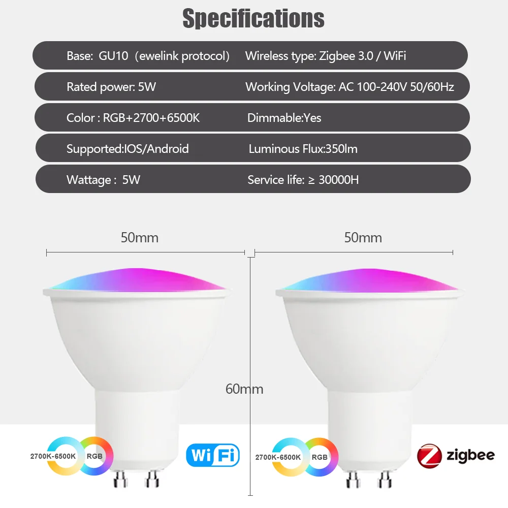 Żarówki inteligentna dioda Led Zigbee GU10 WiFi RGB C + W ściemnialne lampy reflektor aplikacja EWelink sterowania żarówkami głos Alexa Alice