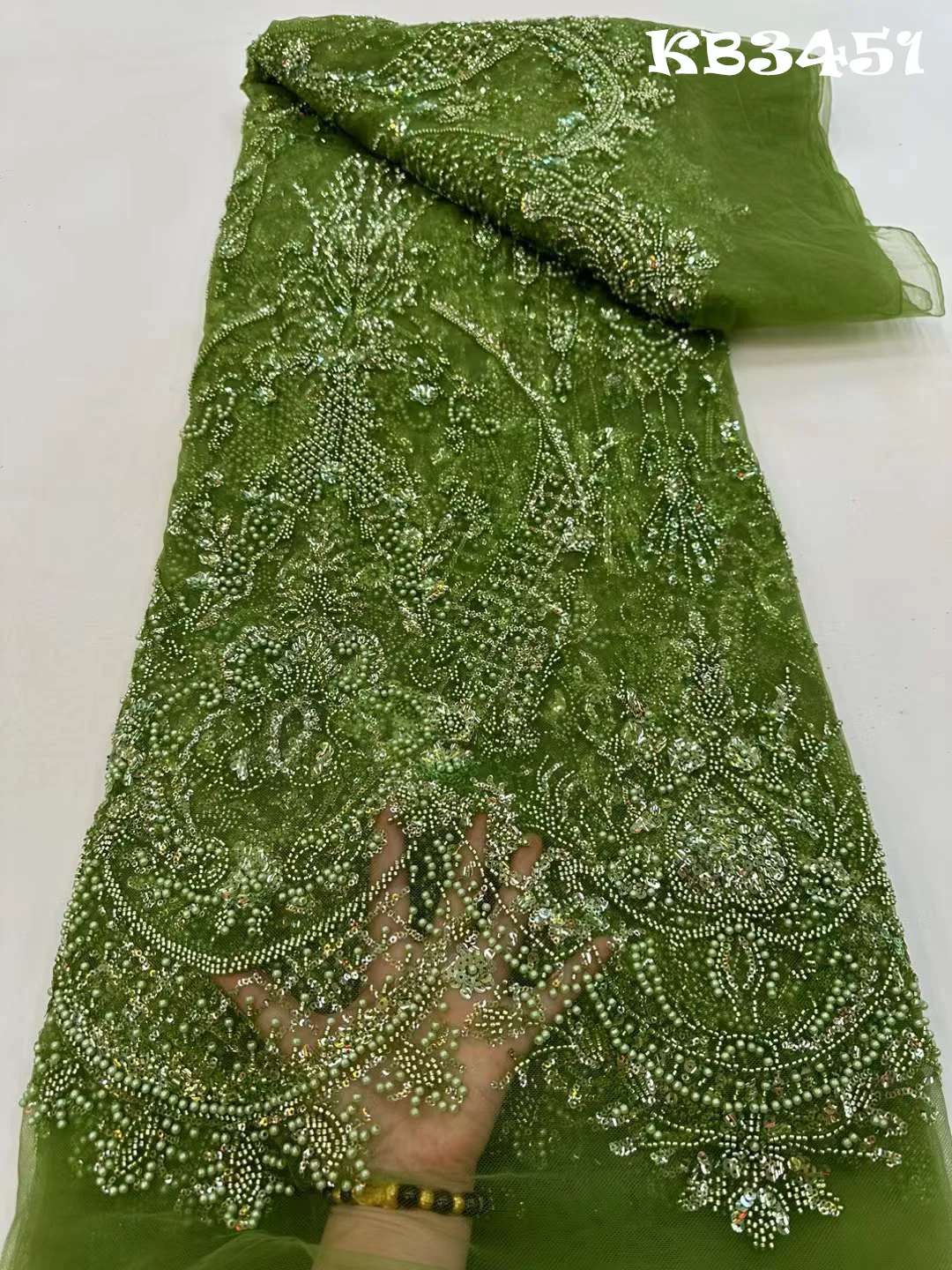 Green Beaded Lace Fabric 2024 African Beaded Tulle Lace Sequins French Mesh Lace For Nigeria Wedding Party Dresses KB3451