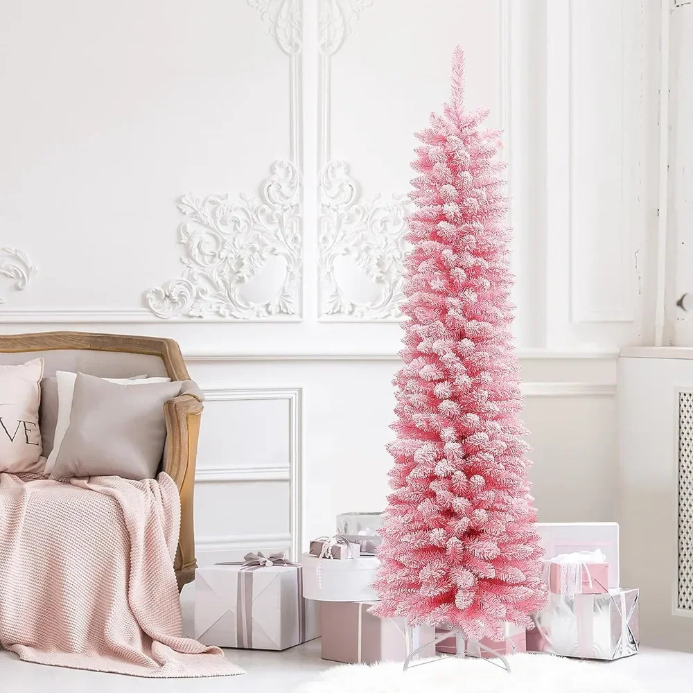 Pink Christmas Tree, 6ft Unlit Slim Christmas Tree, Artificial Christmas Trees with Metal Stand, Pink Xmas Tree