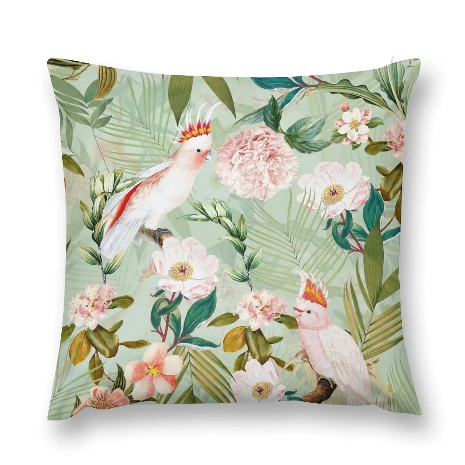 Tropical cockatoo and jungle Botanical Garden pattern - mint Throw Pillow Cushion Child home decor items Cusions Cover pillow