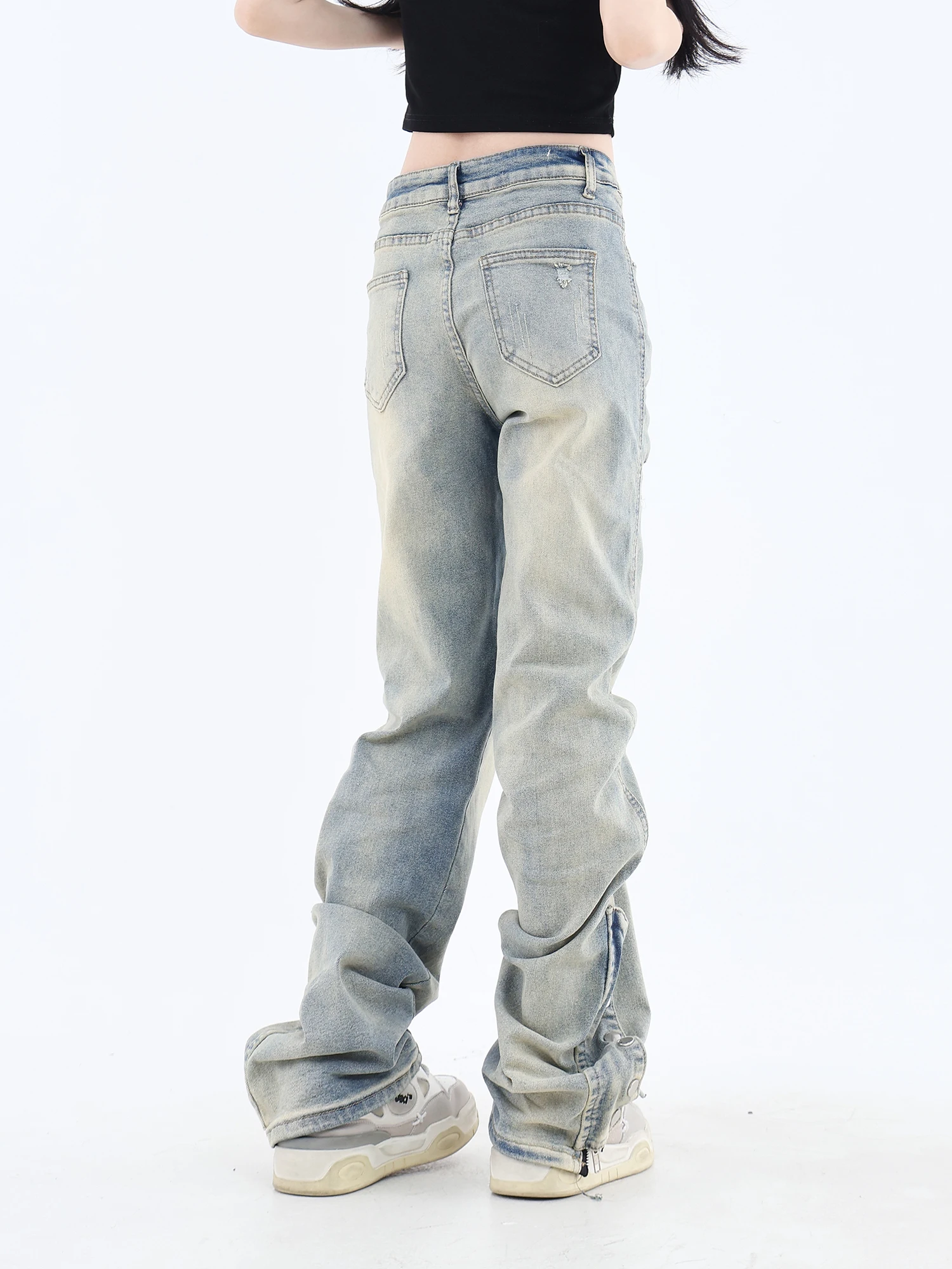 

Vibe Style Yellow Mud Dyed Jeans Side Zipper Decorations Washed Distressed High Street Skinny Pants Trousers