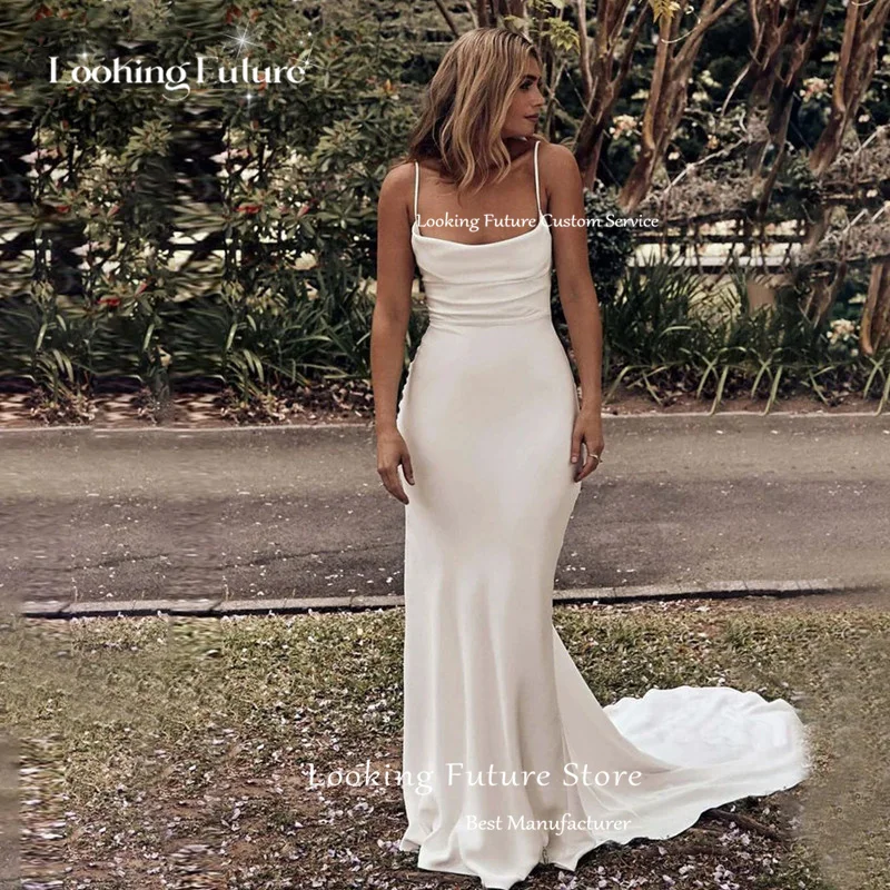 Vestido de casamento longo clássico da sereia, sem alças, cintas de espaguete, plissado formal, sem mangas, sem costas, Lace Up, crescimento nupcial, branco