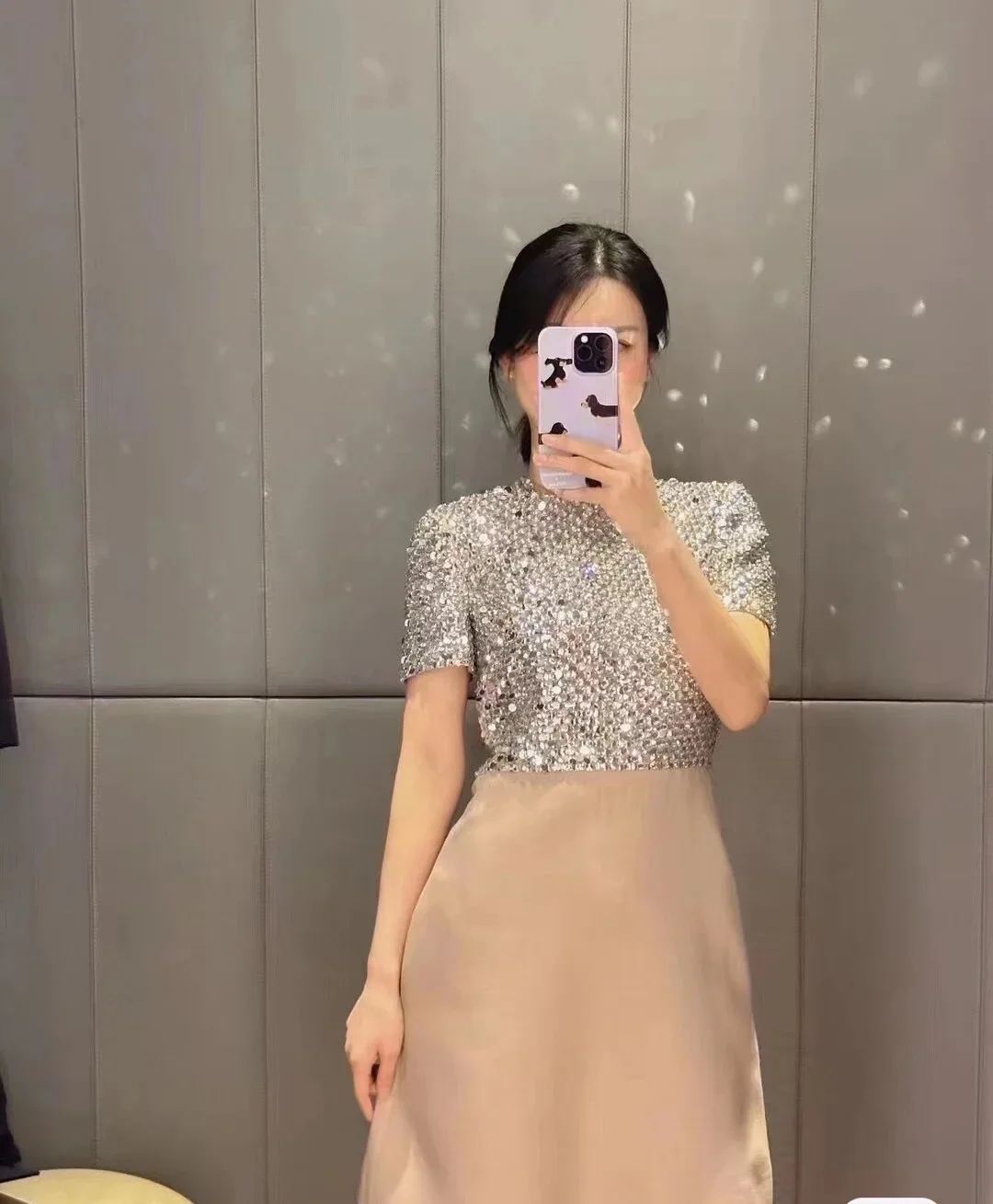 

High Quality Wool Dress Sexy Ladies Silk Pink Dress Fashion Women's Silver Sequins Party Dress