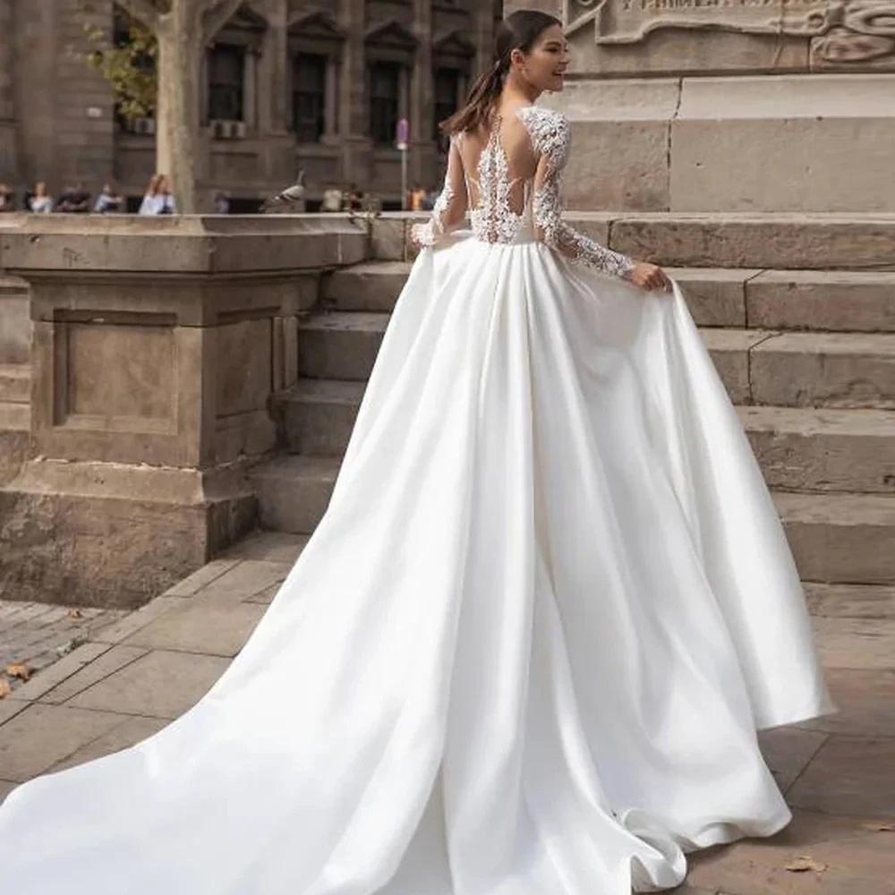 Maßgeschneiderte Brautkleider mit langen Ärmeln, A-Linie, Brautkleid, Applikation, Spitze, Satin, bodenlang, offener Rücken, Illusion, Vestido de Novia