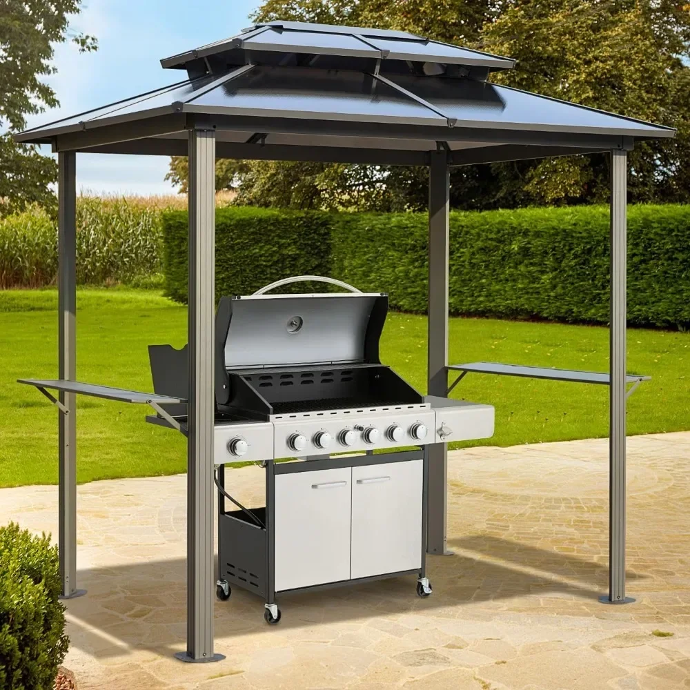 Grill Gazebo 8 x 6 FT, Outdoor Barbecue Gazebo with Double Polycarbonate Panel Roof, BBQ Gazebo with Shelves for Patio, Lawn