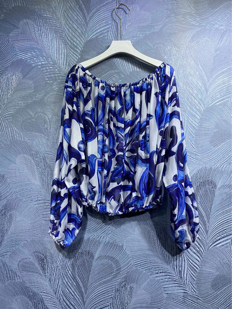 Imagem -02 - Primavera Verão 100 Seda Camisa Mulheres Moda Porcelana Imprimir Runway Lady Laptops High Street Elegante