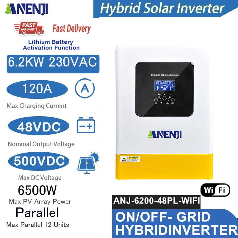 6.2KW Parallel Hybrid Solar Inverter 230VAC 48V MPPT Solar Inverter Pure Sine Wave Off Grid Tie 120A Solar Charger PV 500VDC