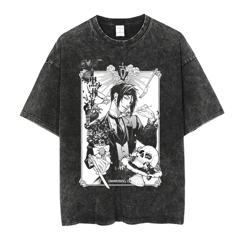 Black Butler Washed T-shirt Oversized Unisex Retro Fashion Fashion Street Casual Tee Classic Loose Streetwear Trendy Cotton soft - view 3