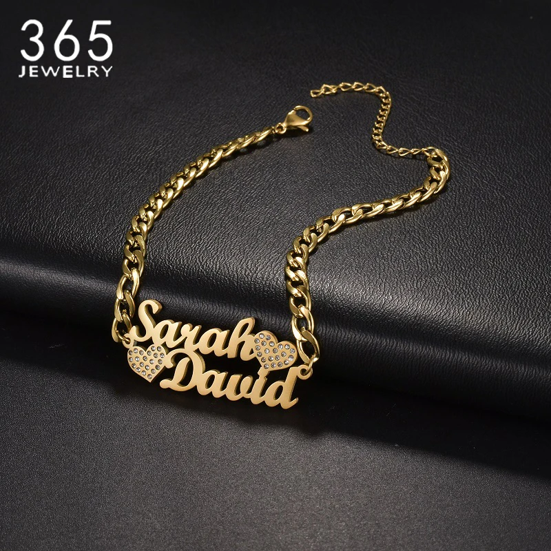 365 Custom Name Bracelet Double Names Style Hearts Stainless Steel Personalized Rhinestones Nameplate Thick Chain Women Jewelry