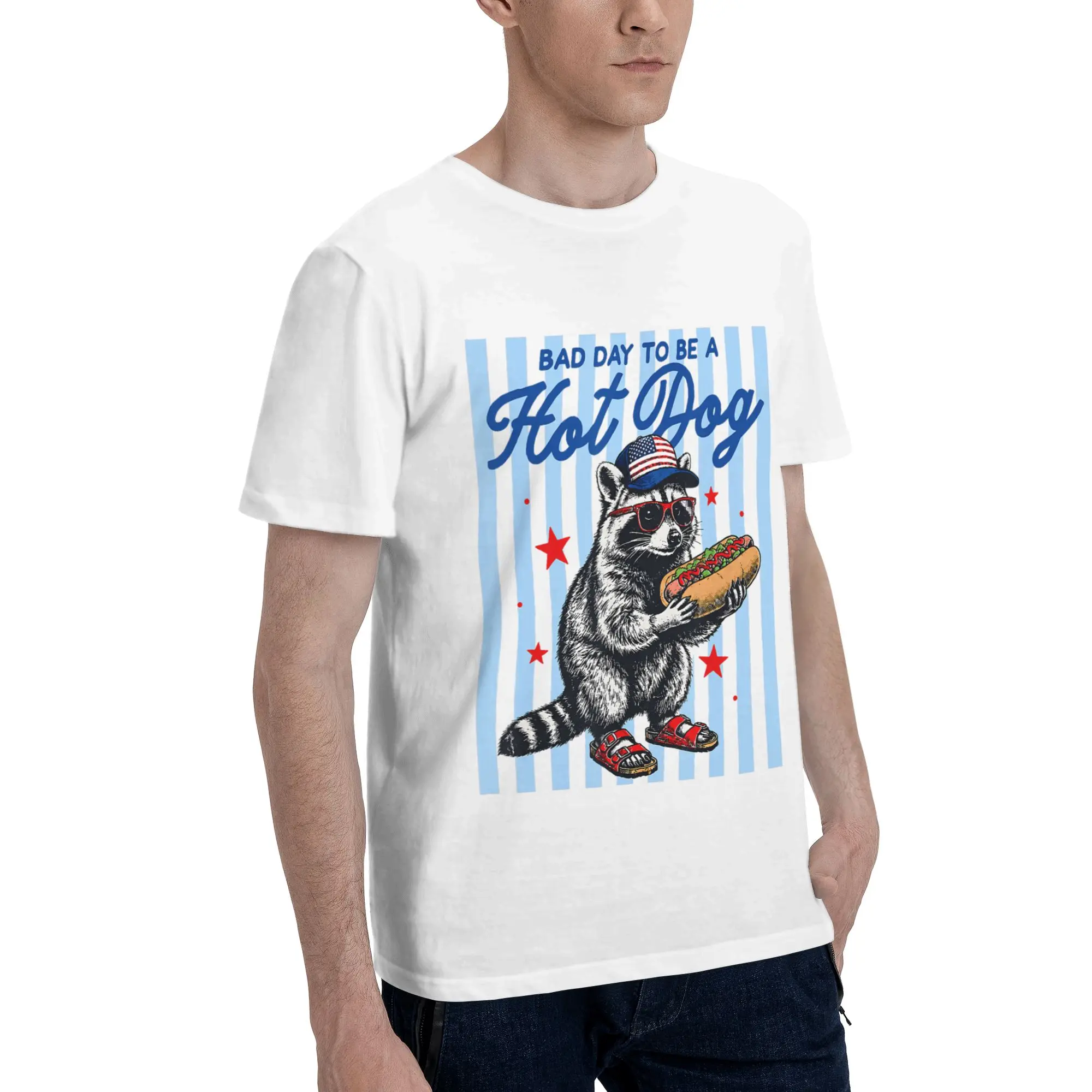 Hot Dog Raccoon Funny 4th of July Men's T-Shirt Clothes  Vintage Tees Short Sleeve fugees 100% Cotton