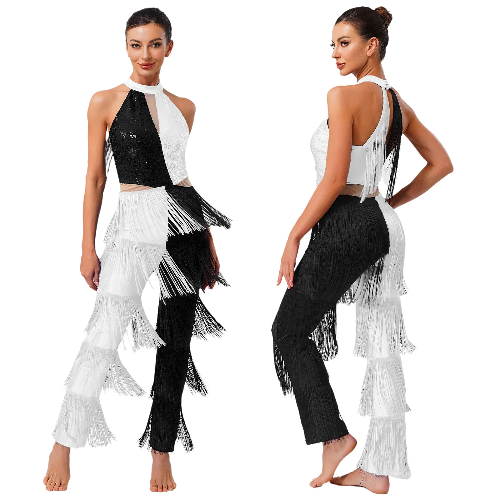 

Women Tassel Fringe 70s Disco Cha-cha Latin Dance Costumes One Piece Long Pants Jumpsuit Party Latin Stage Performance Outfits
