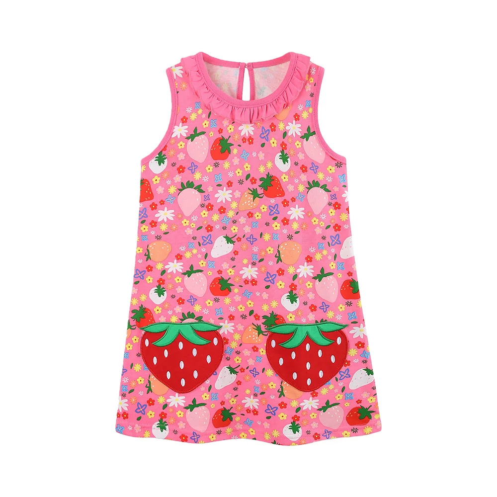

2-7T Summer Girls Dresses Sleeveless Strawberry Pockets Girls Party Dress Cute Children's Dresses Frocks Toddler Frocks