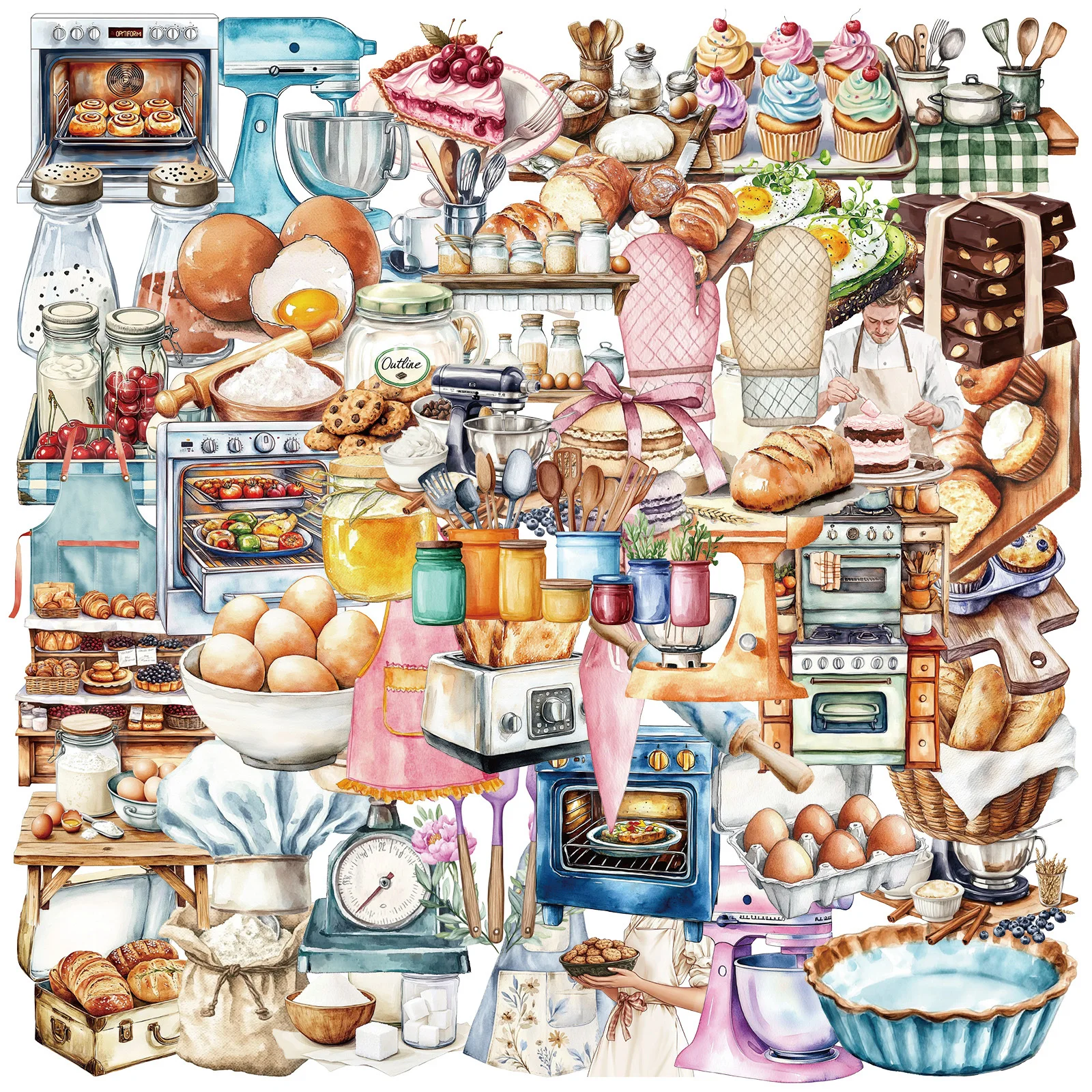 50 Pcs Cartoon Baking Theme PET Stickers Transparent Decals for Scrapbooking Baking Tools Bread Desserts Pastries Toy Sticker